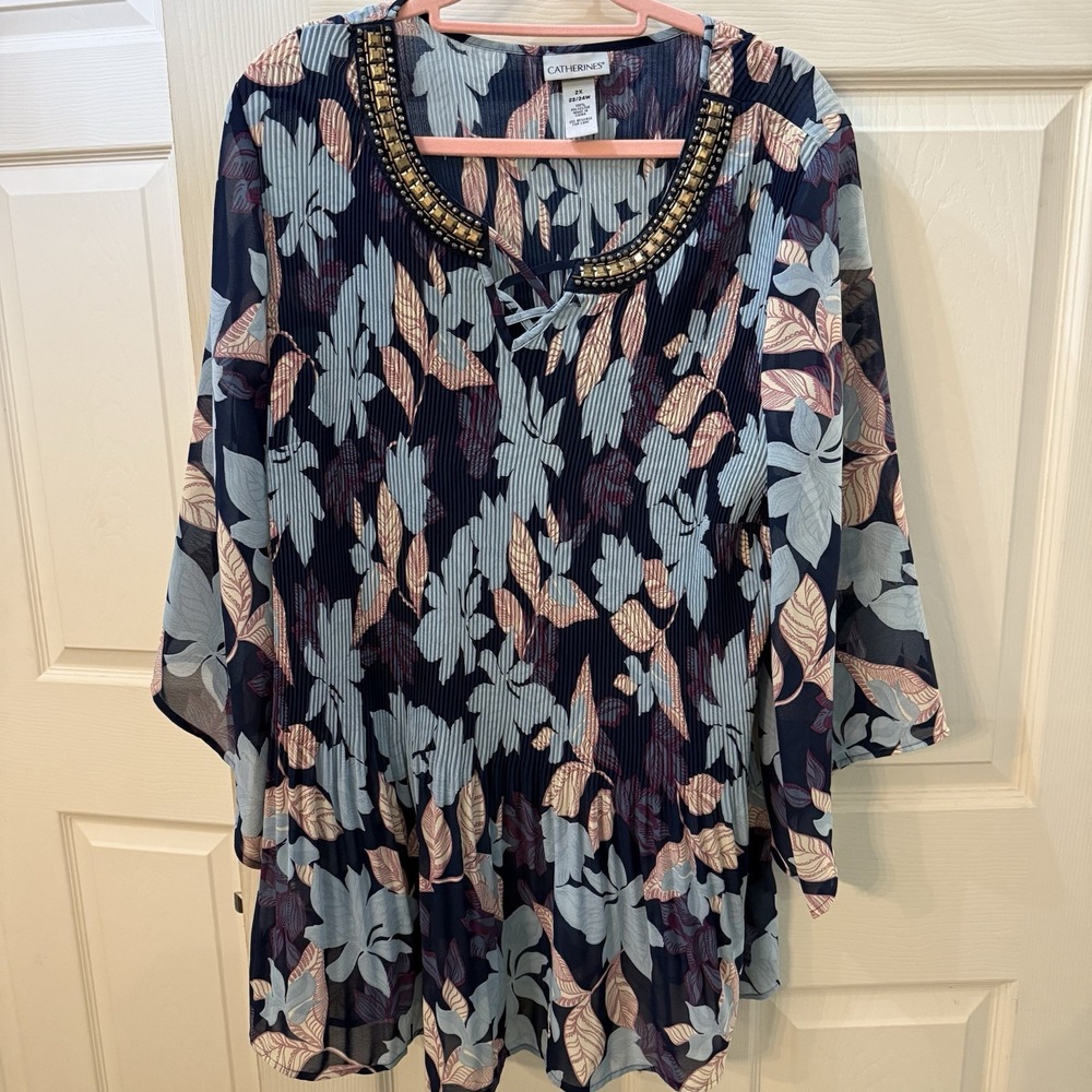 Catherine's Crinkle Tunic Blouse 2x Beaded Stretchy Floral‎ Lightweight Career